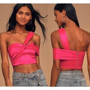 Lulu's Party Queen Fuchsia Satin One-Shoulder Asymmetrical Crop Top Size L NWT